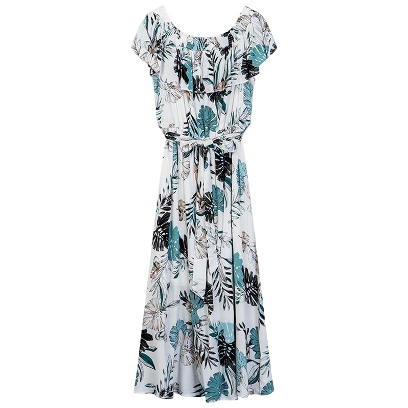 拉夏贝尔印花连衣裙仙女夏季新款一字领露肩波西米亚海边度假沙滩长裙_366 S 印花混色