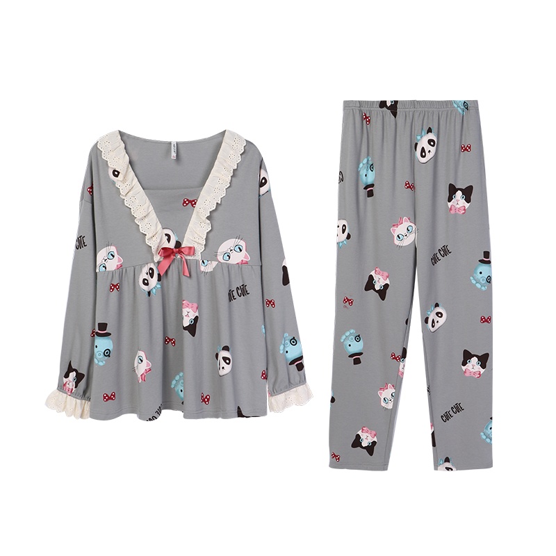 安之伴睡衣女秋季纯棉可外穿双面针织少女印花家居服学生卡通小熊猫女长袖套装