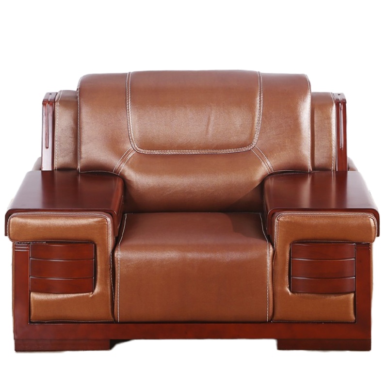 鑫金虎 办公家具办公室会客接待新中式三人位真皮 沙发茶几组合