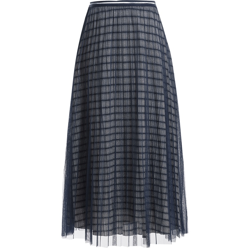 欧昵雪秋装高腰显瘦中长网纱百褶裙女亮丝格子a字半身裙