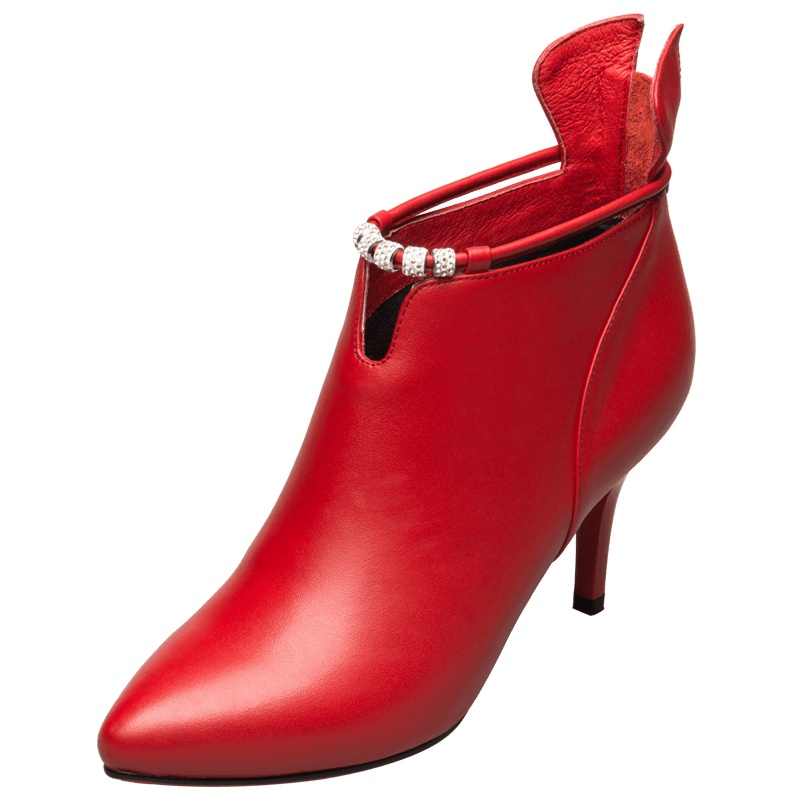 康奈女鞋 冬季纯色尖头水钻细跟短靴女时尚百搭高跟时装靴1268947