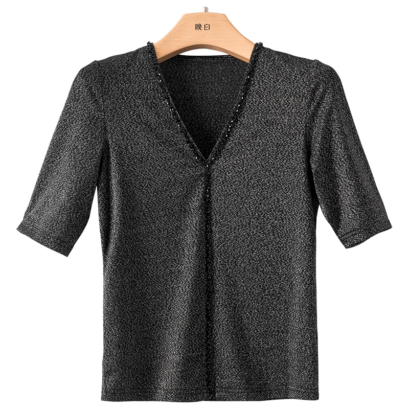 晚白2020秋冬新品修身显瘦V领中袖时尚百搭钉珠蕾丝衫打底衫女