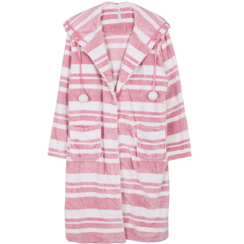 红豆居家(Hodohome)秋冬女式睡袍甜美风时尚条纹时光厚款家居服睡袍