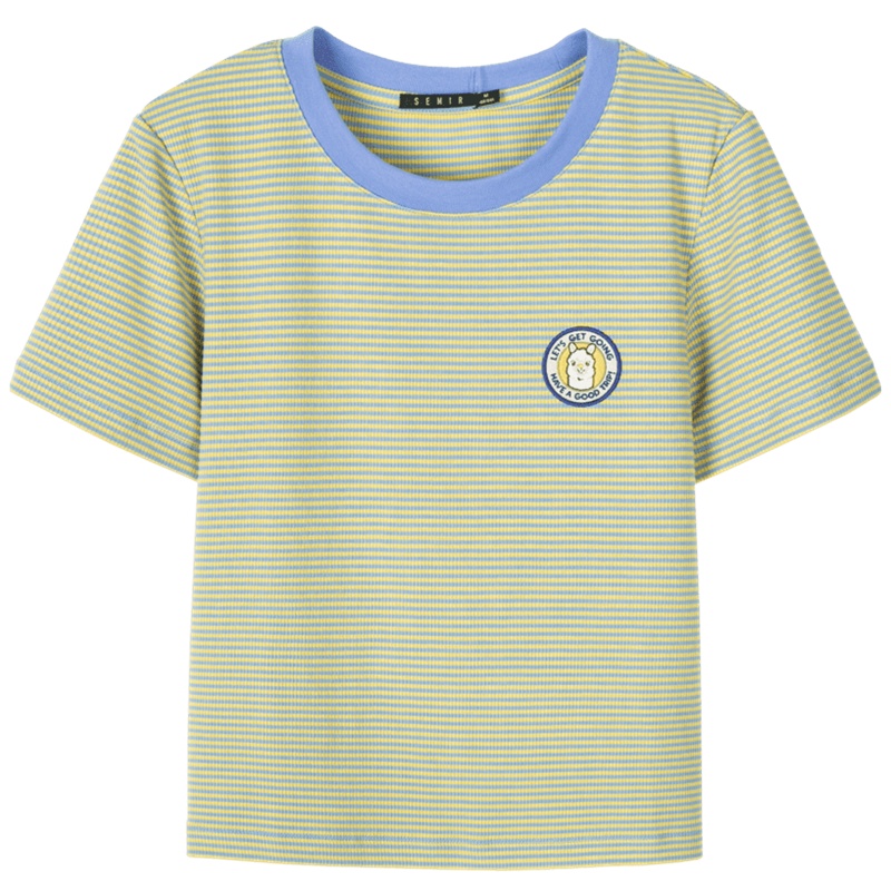 【满198减100预估价：28】森马条纹短袖T恤女新款圆领修身针织短款女上衣设计感条纹t恤