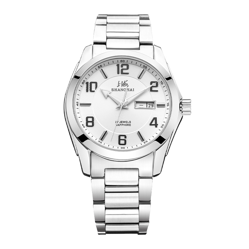上海(SHANGHAI)手表男大三针商务双历全自动机械表574男士防水潮流钢带腕表国潮风男士手表