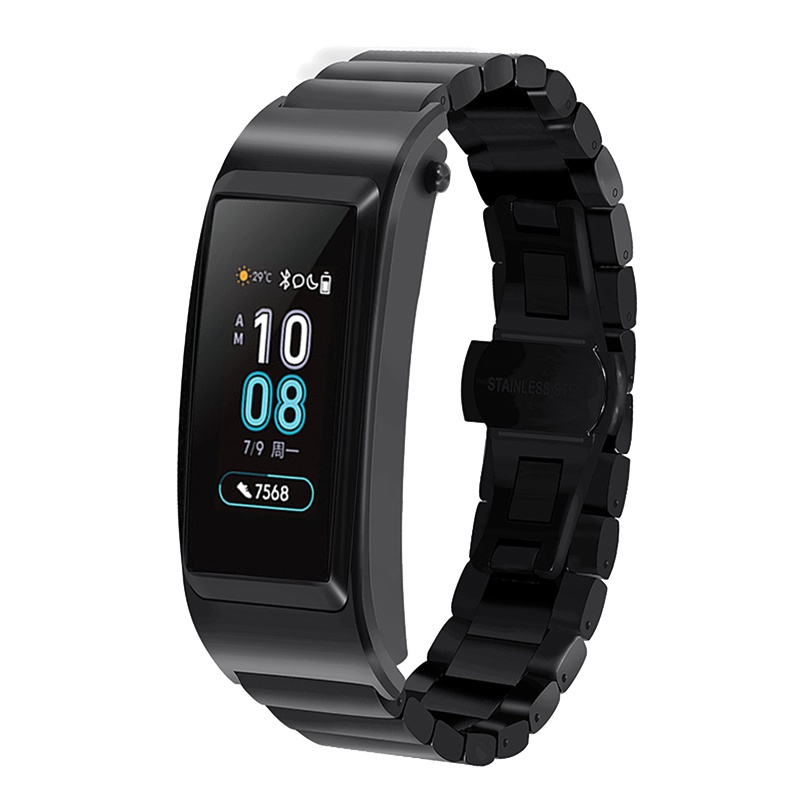 适用于华为B5手环真皮表带 通用S1手表腕带watch1小牛皮折叠扣替换带时尚多彩金属 防水运动防汗商务不锈钢