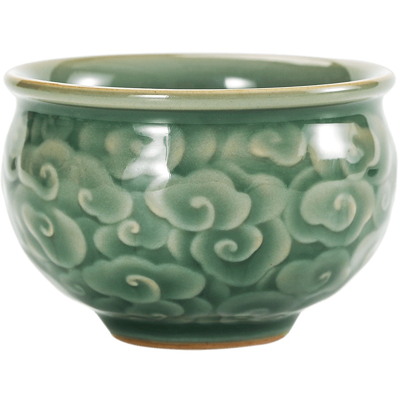 領藝 优选越窑青瓷主人杯单个景德镇风格龙泉手工浮雕精刻陶瓷功夫茶杯品茗杯含礼袋 越窑青瓷祥云缸杯礼盒装