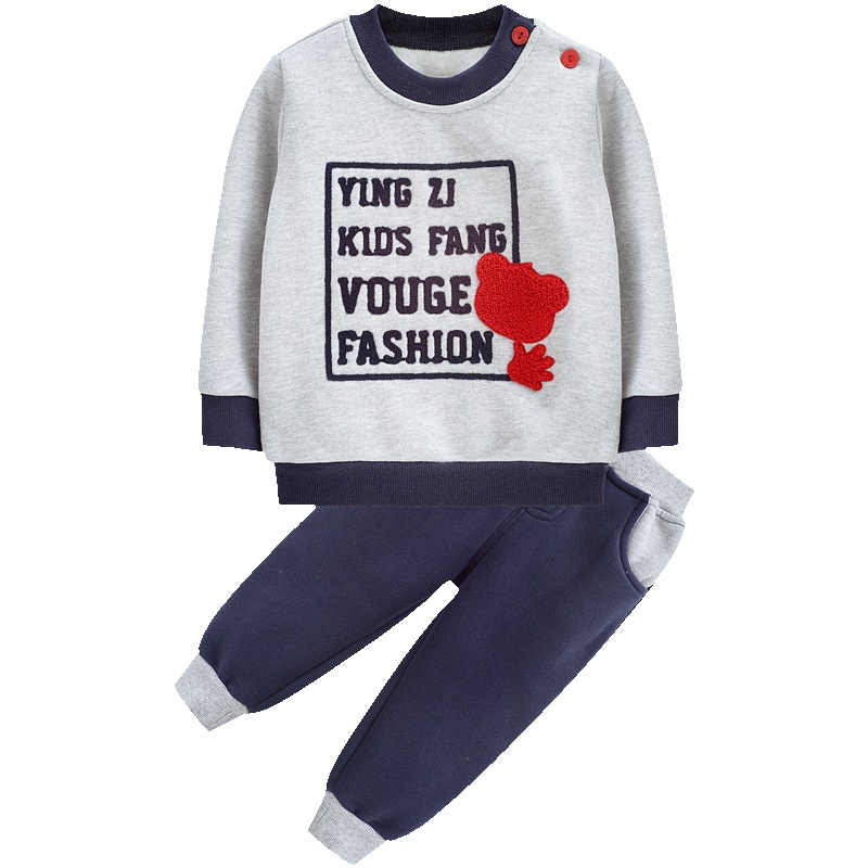 婴姿坊男童休闲时尚长袖圆领肩开扣童装两件套