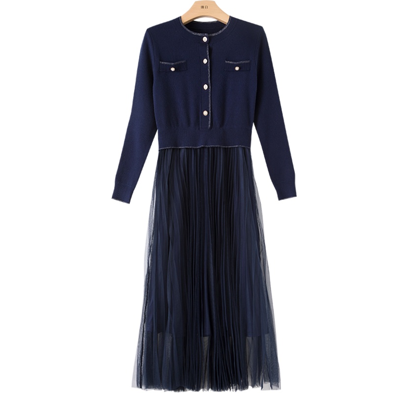 晚白2021春季新品时尚单件修身显瘦长袖百搭针织纱纱裙连衣裙女