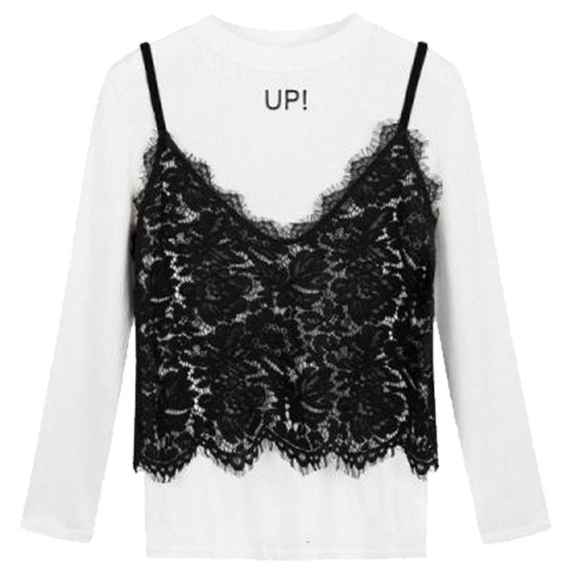 拉夏贝尔女秋冬新款韩版蕾丝吊带两件套长袖半高圆领小衫潮上衣1T000453