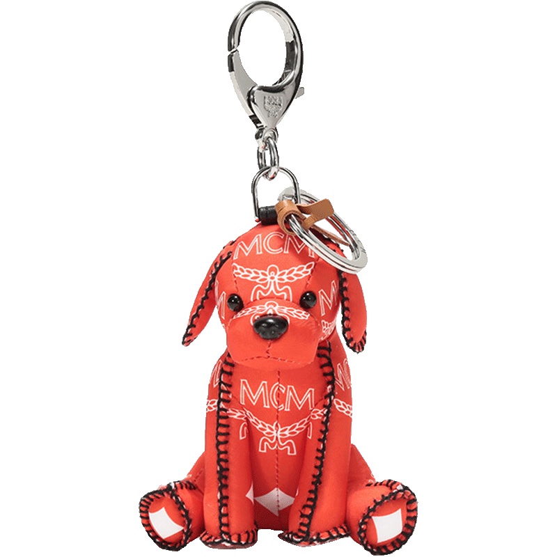 MCM 男女中性橘红色LOGO图案织物小狗吊饰钥匙扣 MYZ9SXL08OX001