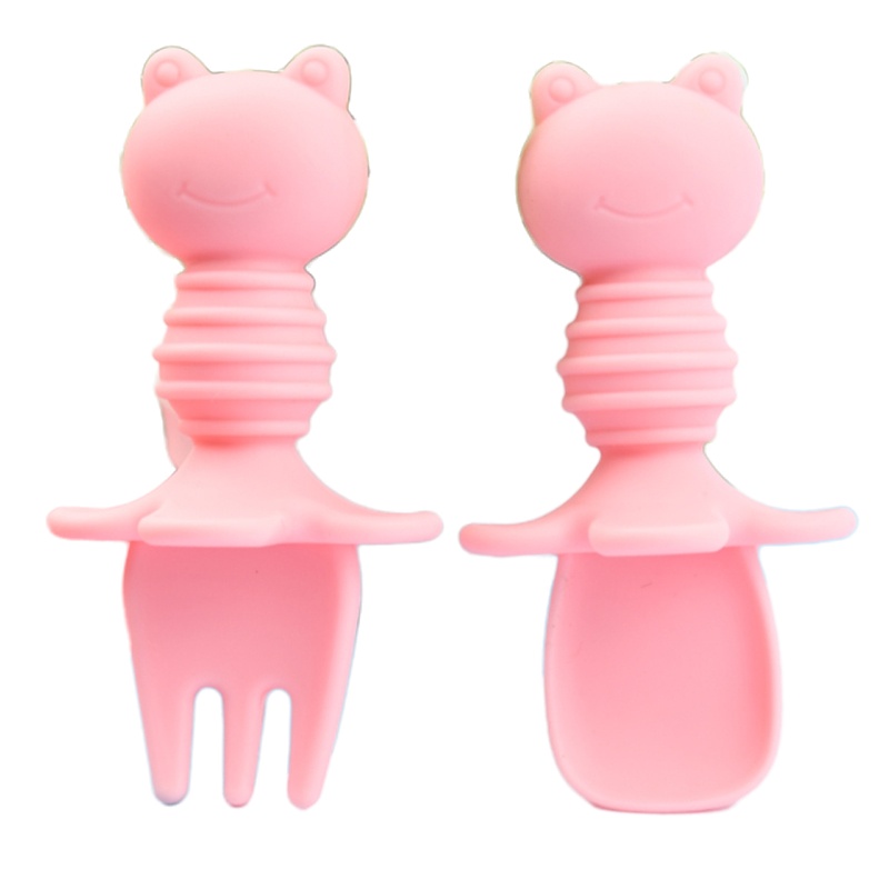 盟宝舔舔勺儿童短柄叉勺训练餐具套装婴儿硅胶辅食软勺 兰色套装