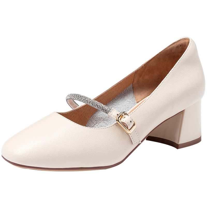 百田森秋季新款水钻一字带复古玛丽珍鞋女方头粗跟单鞋