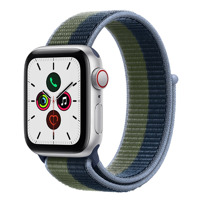 MKQW3CH/A Apple Watch SE 40毫米 GPS+蜂窝版 银色铝金属表壳深邃蓝配苔绿色回环式运动表带