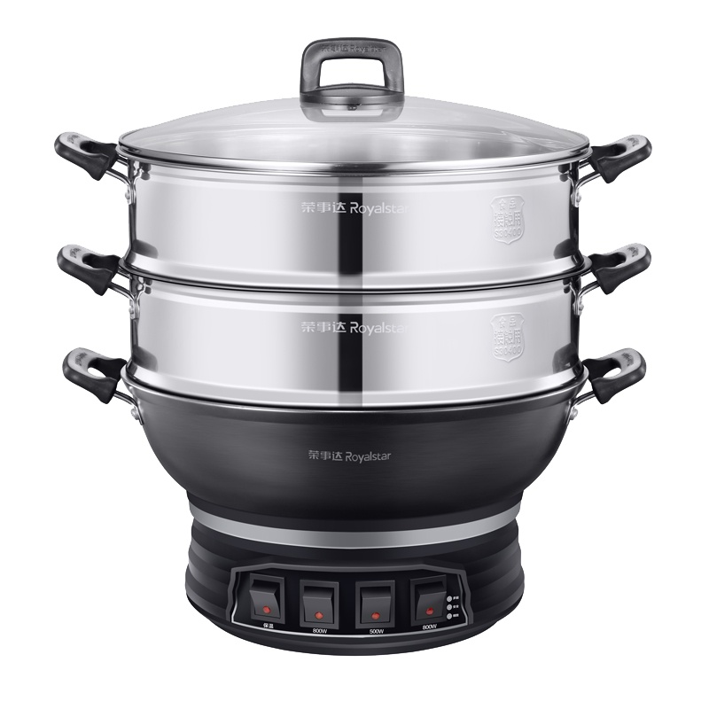 荣事达多功能电热锅电蒸锅电炒锅炒菜锅大容量一体铸铁无涂层家用RDQJ3-34双笼款
