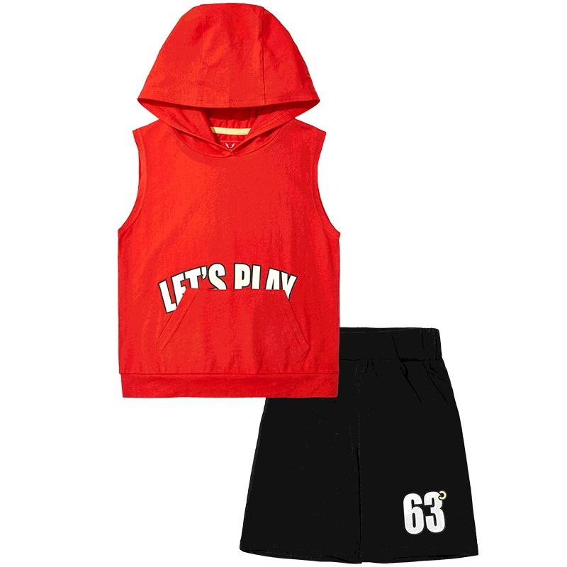 波司登中大童男童两件套童装夏季短袖运动连帽短裤套装