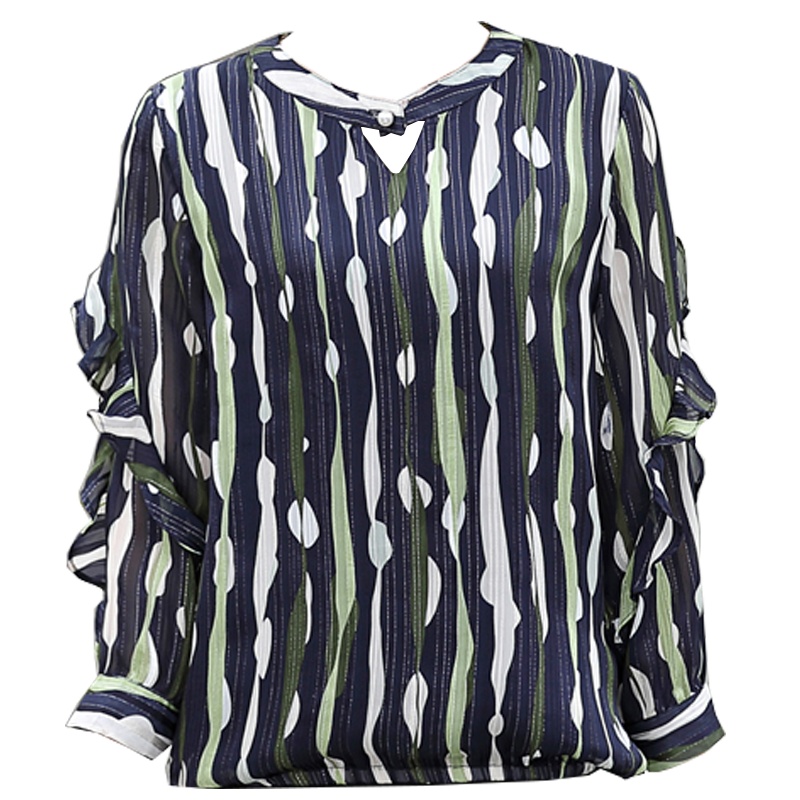 蓝旗(BLUEG)春夏新款妈妈装上衣时尚洋气圆领条纹木耳边长袖上衣