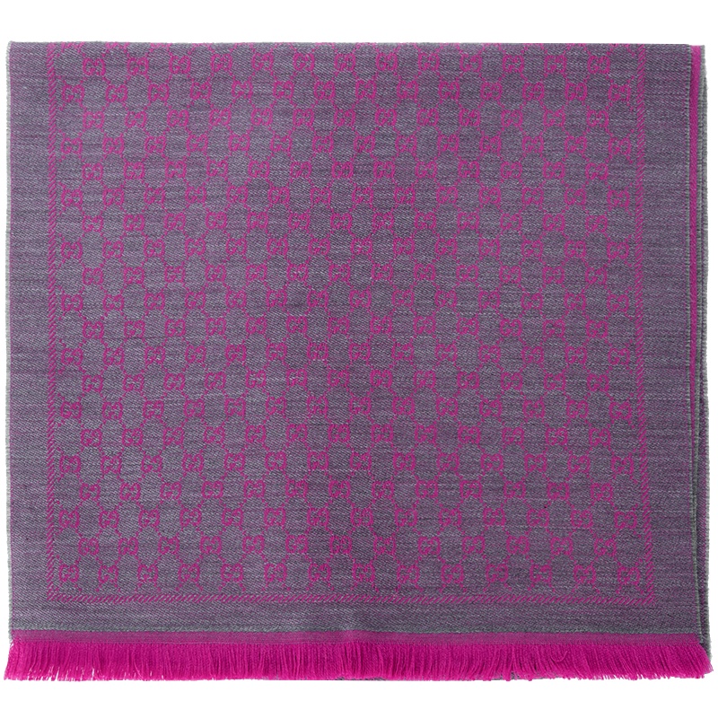 GUCCI 古驰围巾 女士时尚双G提花流苏边羊毛围巾 灰色粉色拼色411115 3G200 1372