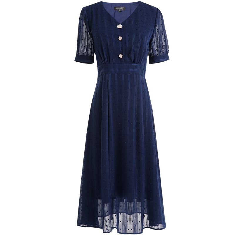 欧昵雪夏季V领收腰显瘦提花雪纺连衣裙女气质优雅a字中裙