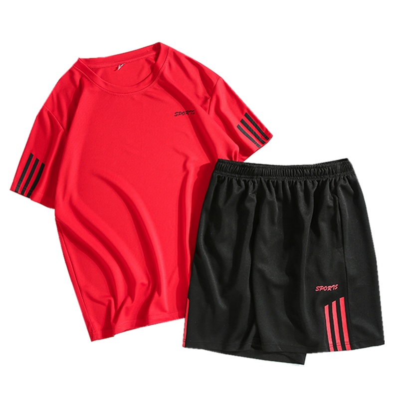 两件装夏季男士休闲运动服套装速干衣韩版潮流宽松冰丝t短袖T恤短裤男装