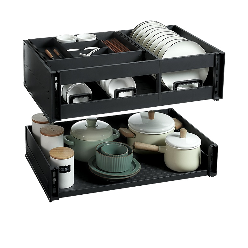 卡贝厨房橱柜拉篮双层铝合金抽中抽收纳碗碟架抽屉式