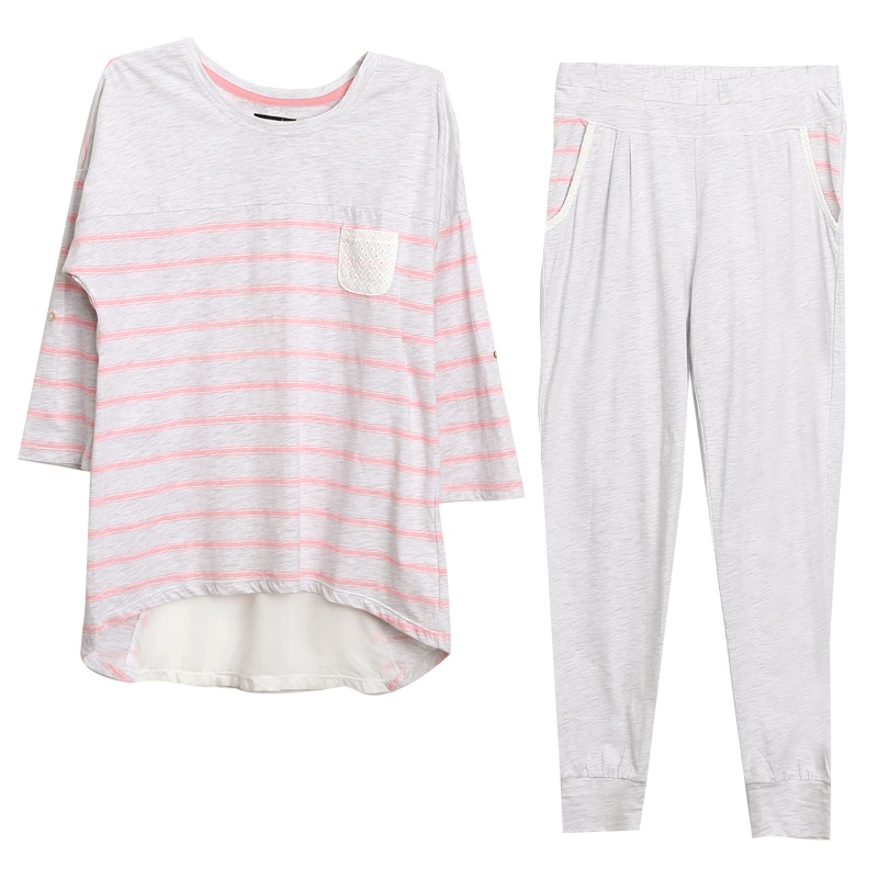 红豆居家春秋款女士简约圆领后背拼接睡衣女式条纹印花运动休闲风家居服套装可外穿