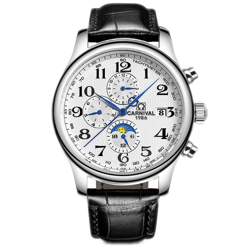 正品嘉年华Carnival手表男全自动机械表 男士商务时尚表休闲多功能真皮日月星相皮表带防水男表8702GH