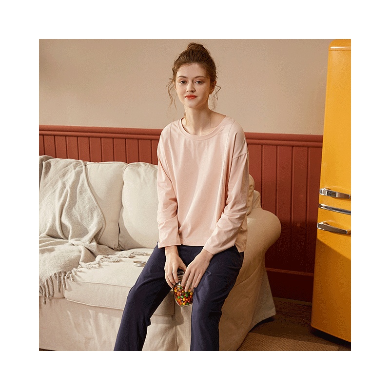 安之伴睡衣女秋季针织优质少女家居服韩尔棉素色可外穿长袖女套装