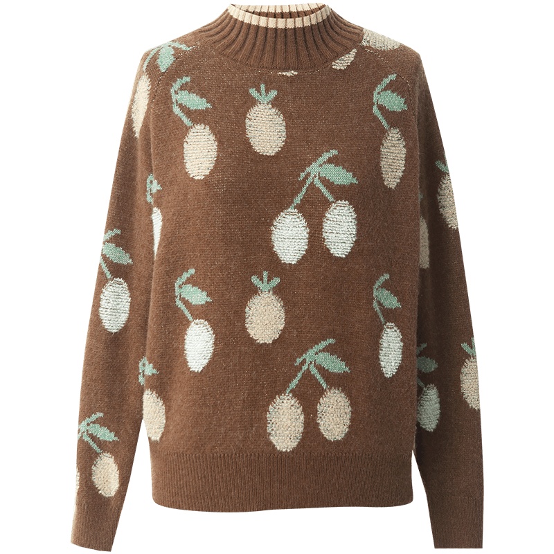 OUNIXUE欧昵雪 | [趣味水果图案针织衫]冬季减龄感罗纹半高领宽松毛衣女式