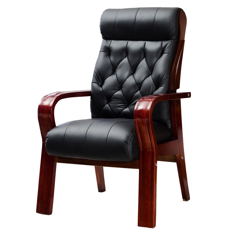 三能 办公家具实木真皮电脑靠背老板椅家用四脚办公椅现代中式不可升降职员会议室棋牌麻将椅