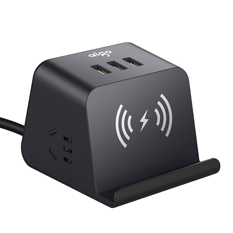 爱国者(AIGO)小魔方无线充电插座 多功能智能USB创意插排/排插1.5米 桌面手机支架接线板 M0230T(黑灰)