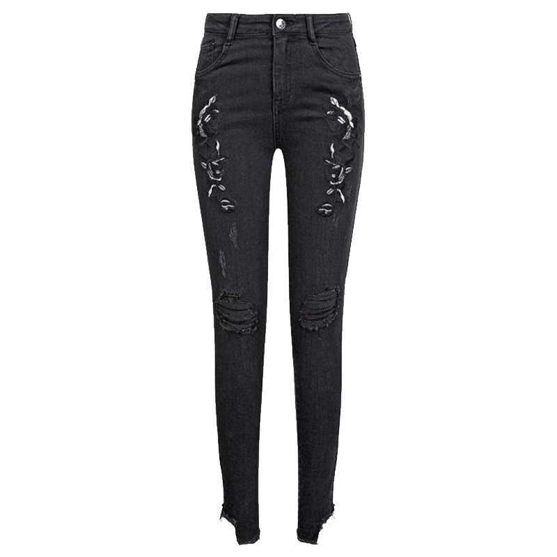 【专柜同款】7M莫丽菲尔韩版高腰破洞不规则百搭直筒显瘦绣花牛仔裤女70009745