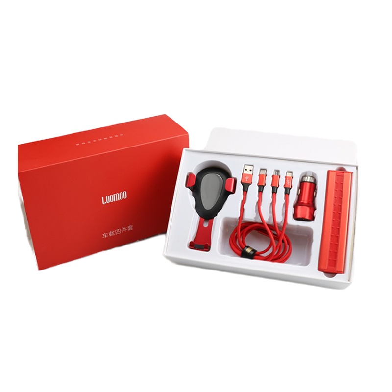乐默 新款手机车载充电器支架香薰号码牌一拖三数据线四件组合装套装 红色