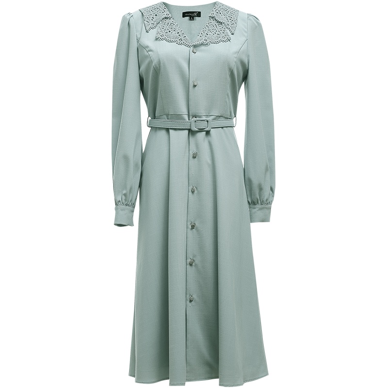 欧昵雪气质法式花边翻领收腰衬衫连衣裙女显瘦中裙