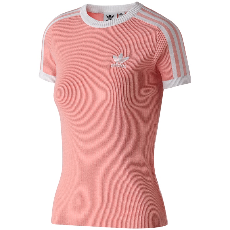 Adidas阿迪达斯三叶草女装跑步休闲罗纹针织圆领短袖T恤DX3765