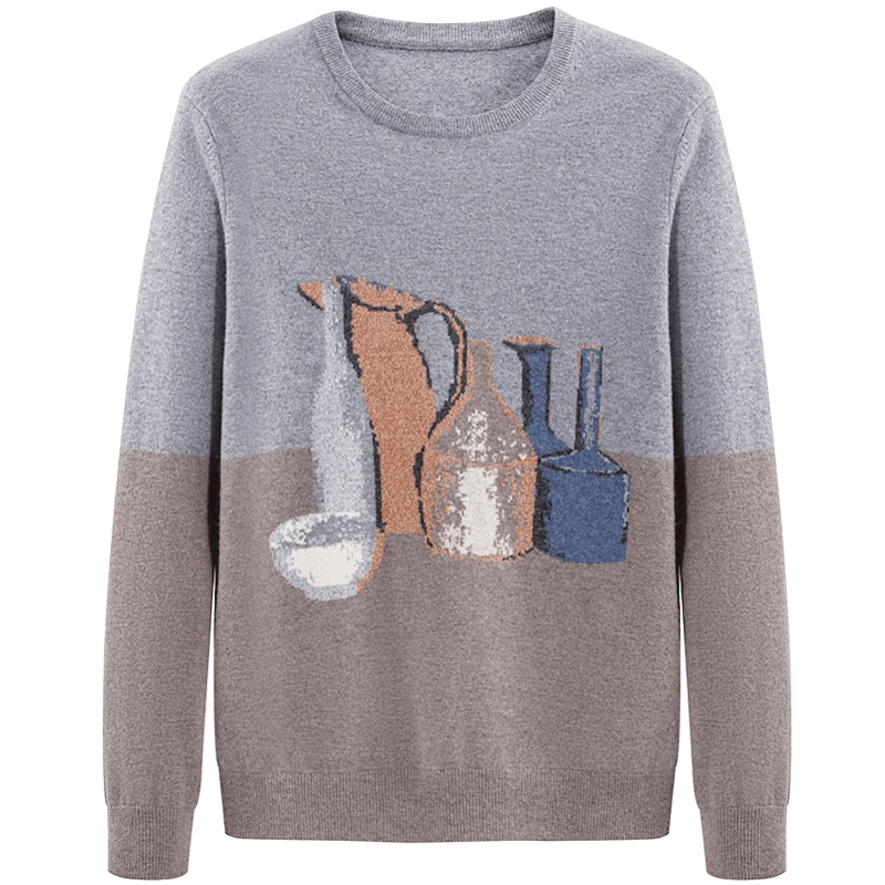 鄂尔多斯ERDOS 秋冬圆领艺术提花纯羊绒衫男士针织衫/毛衣