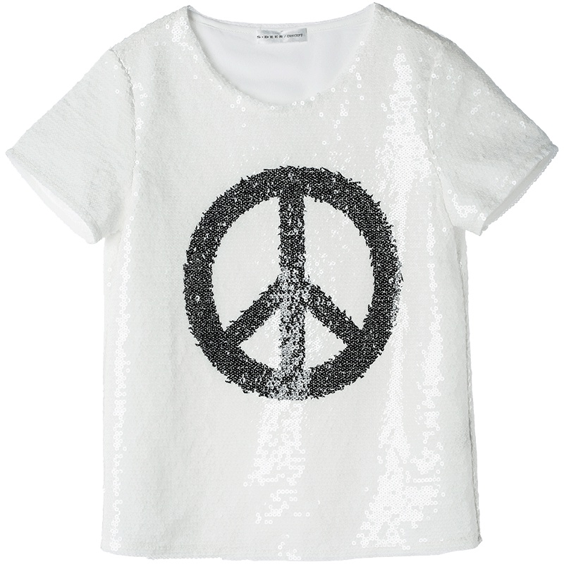 sdeer圣迪奥2018秋装极客现代感黑白印花贴片短袖T恤S17182249