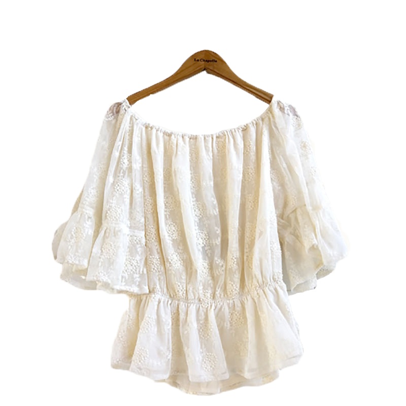 7M莫丽菲尔上衣女夏季新款韩版蕾丝绣花一字领收腰显瘦短袖衬衫女70008743