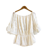 7M莫丽菲尔上衣女夏季新款韩版蕾丝绣花一字领收腰显瘦短袖衬衫女70008743