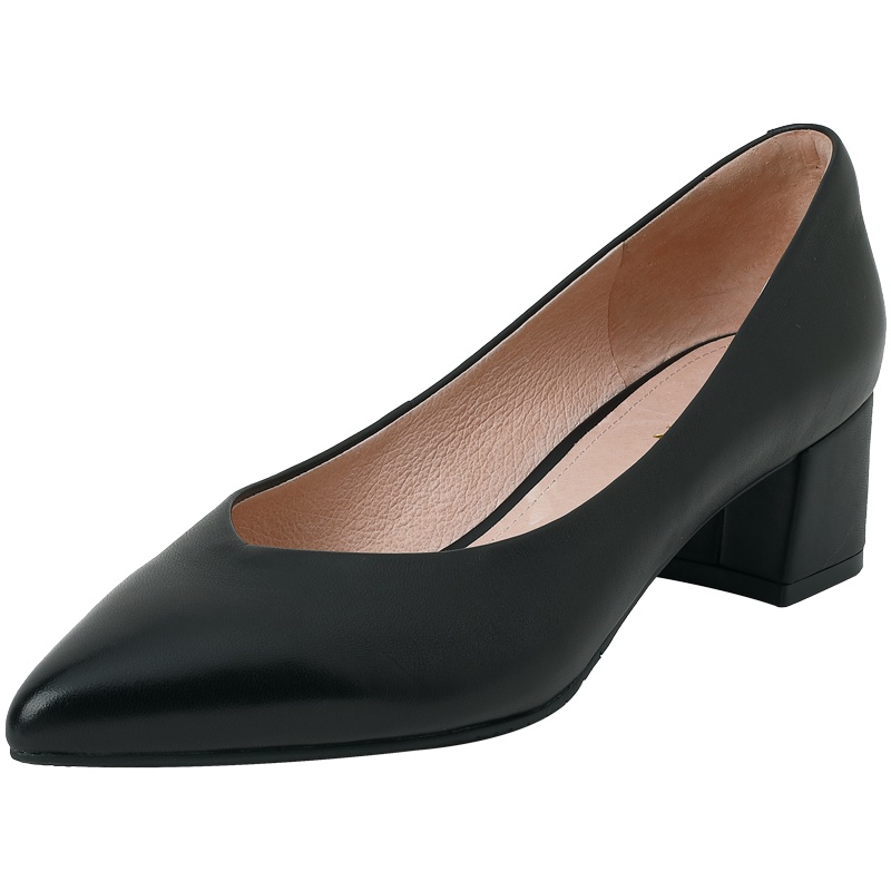 百田森新款中跟单鞋女黑色米白真皮正装职业鞋女鞋工作鞋