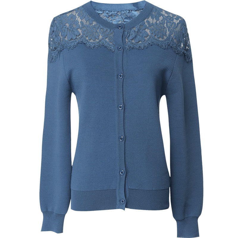 欧昵雪秋装圆领蕾丝拼接针织衫开衫外套女长袖空调衫