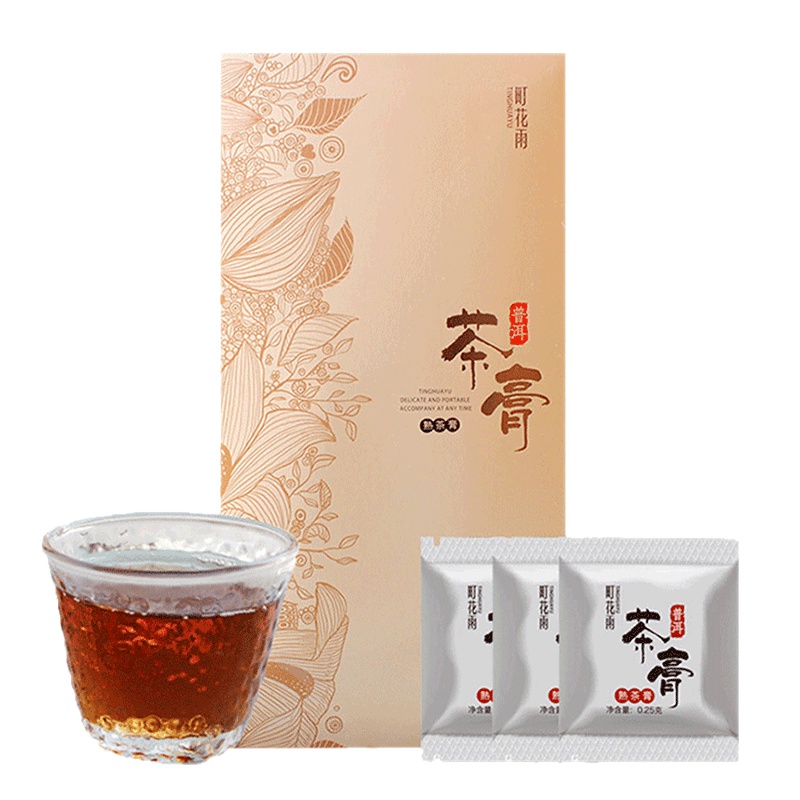 茗纳百川 普洱茶叶 云南普洱熟茶膏 速溶特级散礼茶 金色纸盒25克100袋