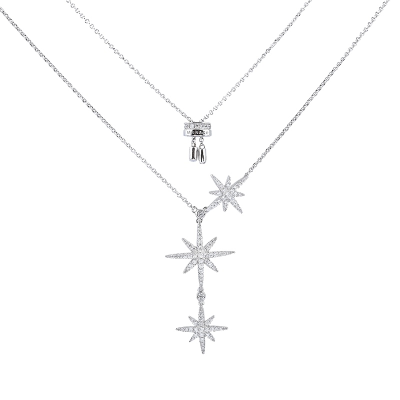 APM Monaco银镶晶钻轻奢双流星项链女六芒星锁骨链吊坠银颈链简约女士