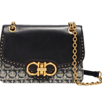 预订FERRAGAMO 老花款 GANCINI 链条包21H499 金扣 25*9*17CM 牛皮革\织物