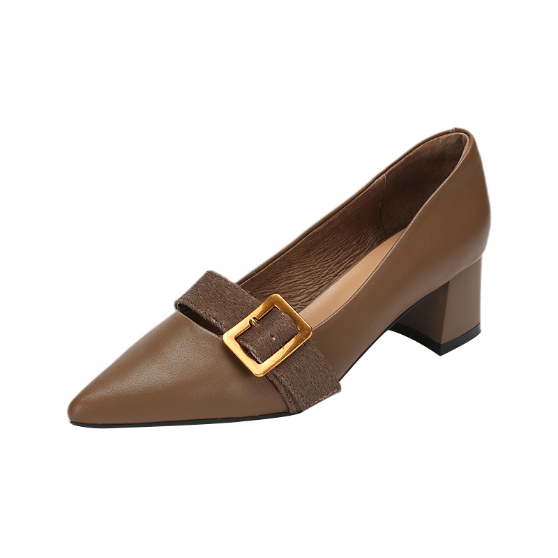 达芙妮春秋新款尖头中跟单鞋 牛皮纯色女真皮鞋