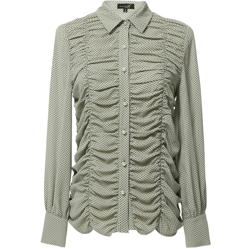 欧昵雪Polo领设计感褶皱波点衬衫女气质显瘦长袖上衣