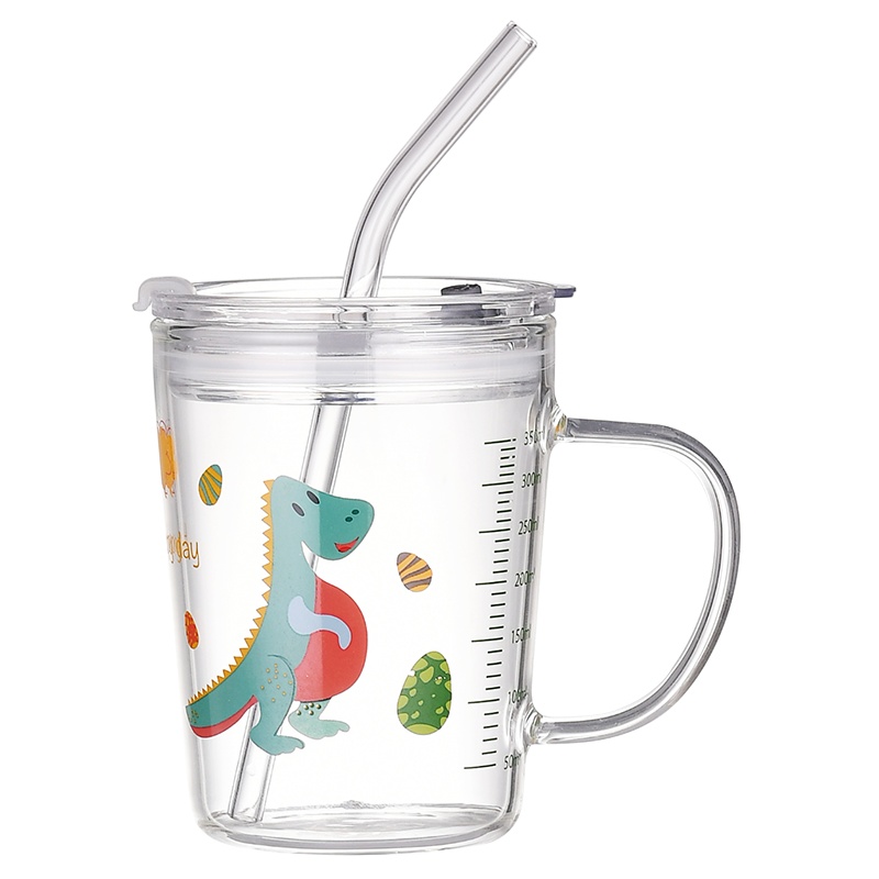 喜碧耐热高硼硅玻璃牛奶杯量杯可爱动物带刻度杯盖吸管儿童