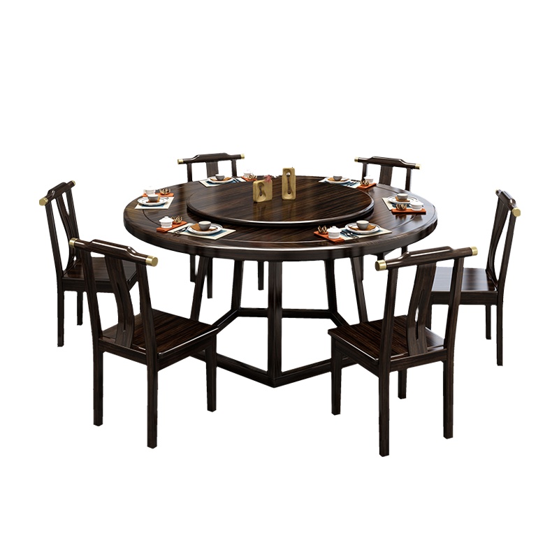 乌金木新中式实木餐桌椅组合一桌六椅家用圆形饭桌轻奢别墅大户型月影梳桐