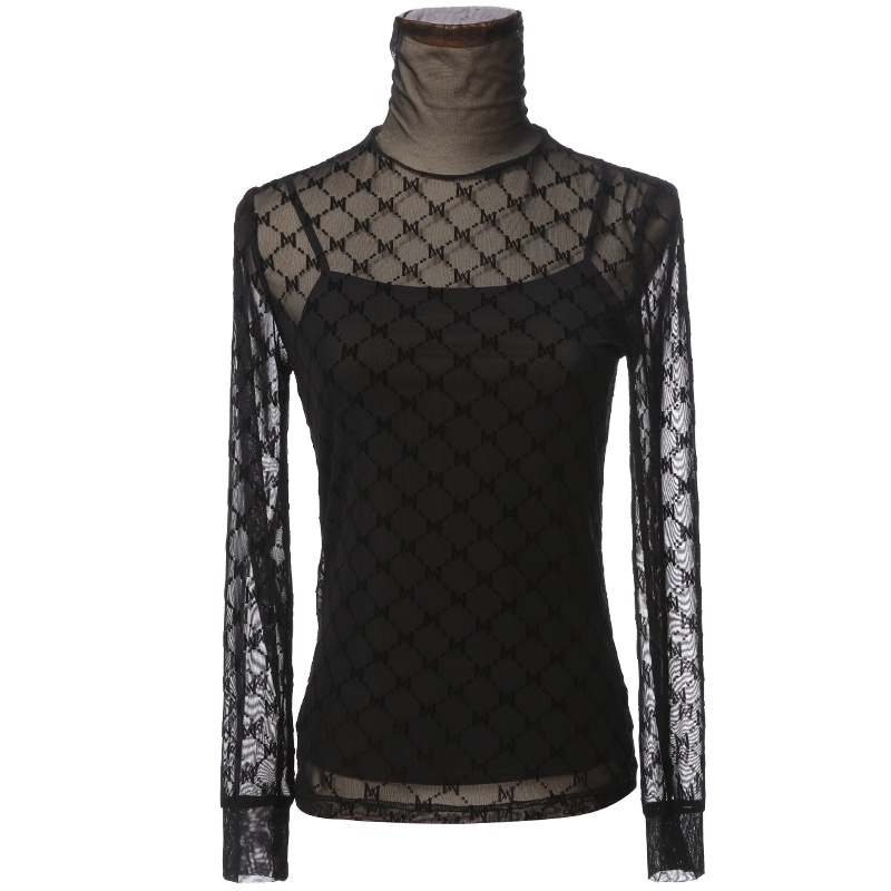 欧昵雪秋冬堆堆领弹力印花网眼打底衫T恤女透视长袖上衣