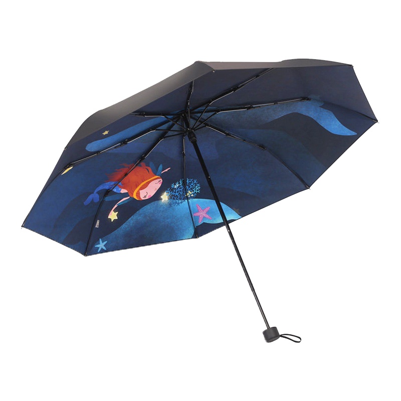 天堂伞 三折全遮光黑胶插画晴雨伞防紫外线太阳伞遮阳伞礼品伞55cm*8骨 海底秘境3#蓝色